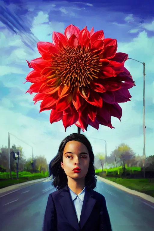 Image similar to closeup giant dahlia flower head, girl in a suit, street, surreal photography, blue sky, sunrise, dramatic light, impressionist painting, digital painting, artstation, simon stalenhag