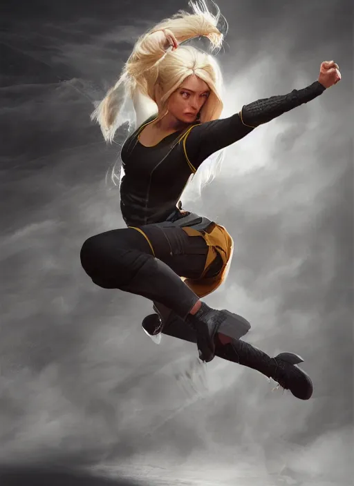 Image similar to An epic fantasy comic book style portrait painting of an athletic blonde female thief dancing, unreal 5, DAZ, hyperrealistic, octane render, cosplay, RPG portrait, dynamic lighting