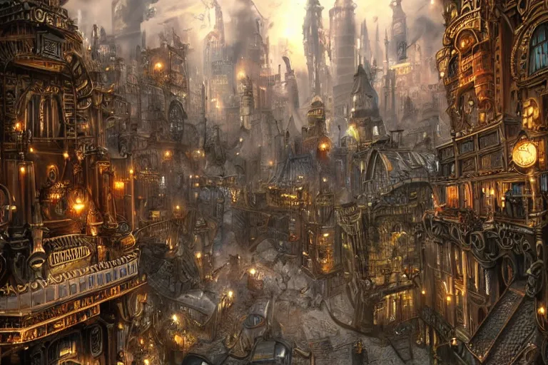 Prompt: a magnificent steampunk city. photorealism.