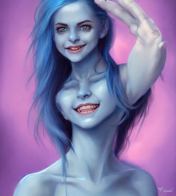 Prompt: laura bailey as cute female tiefling smiling wearing pale blue halter top, perfect face, blue hair, abs, cinematic, blush, stunning, elegant, highly detailed, psychedelic, digital painting, artstation, smooth, hard focus, illustration, art by jessica rossier and and brian froud