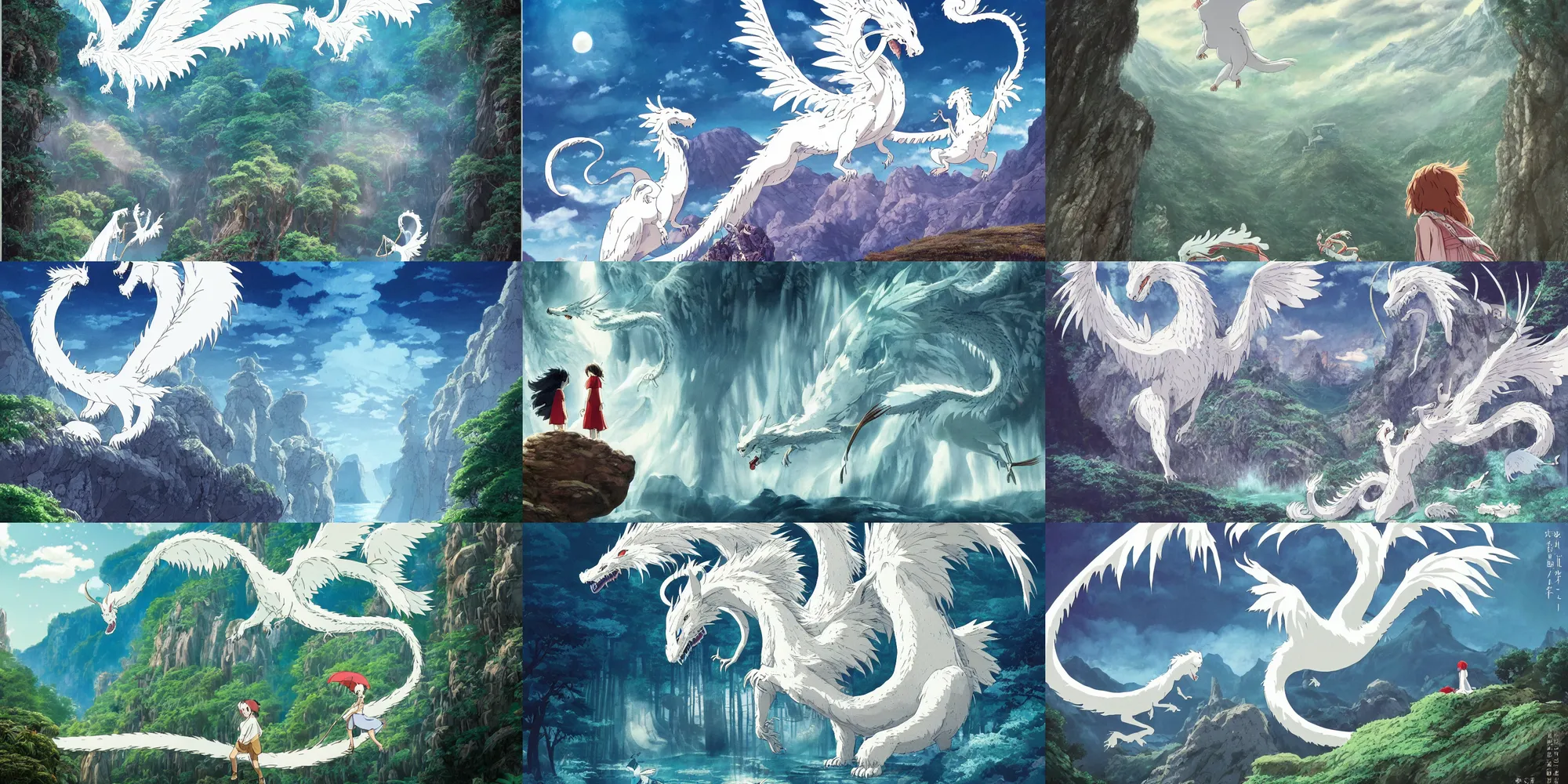 Prompt: the flim poster of a magical place around mountains and river, a white dragon spirit flying in the sky, miyazaki's animated film, ghibli studio, spirited away, princess mononoke, 4 k, highly detailed,