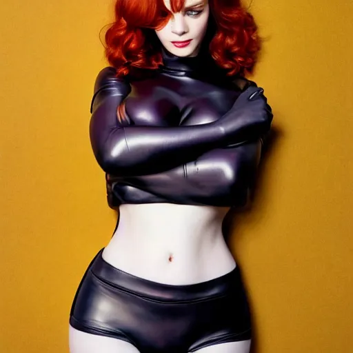Prompt: photo of a gorgeous christina hendricks in the style of stefan kostic, cyberpunk, realistic, professionally, professionally color graded, half body shot, leather body suit, sharp focus, 8 k high definition, insanely detailed, intricate, elegant, art by stanley lau and artgerm