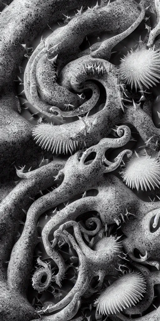 Image similar to a photorealistic render of a spiky mollusk, greyscale, made of melted plastic and marble, c 4 d, by zhelong xu and ernst haeckel, wide angle, hyper realistic, plain black background, 8 k, volumetric lightning, octane render