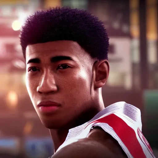 Image similar to a videogame still of NBA YoungBoy in Tekken 7, portrait, 40mm lens, shallow depth of field, close up, split lighting, cinematic