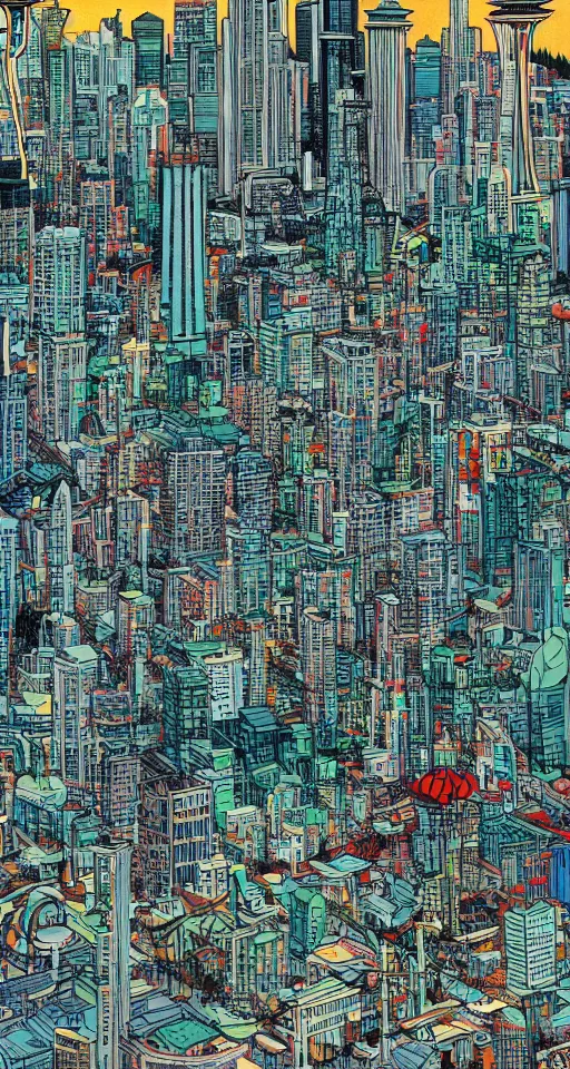 Image similar to Seattle skyline, by james jean