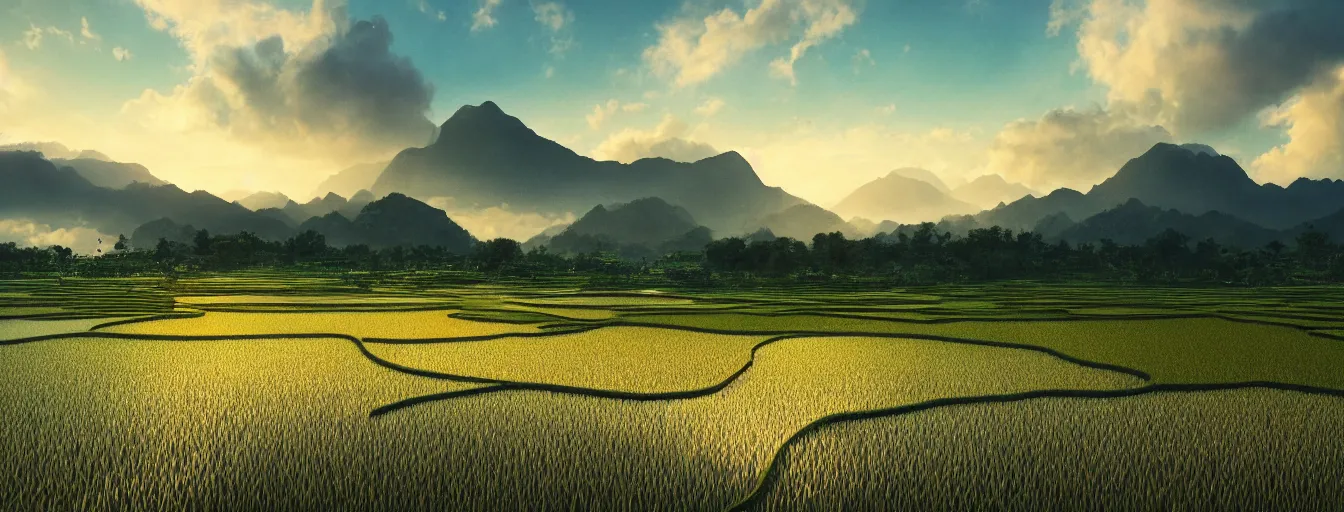 Image similar to Photo of paddy field of Yan, with several village and gunung jerai mountain at the background, wide angle, volumetric light, hyperdetailed, light water, artstation, cgsociety, 8k