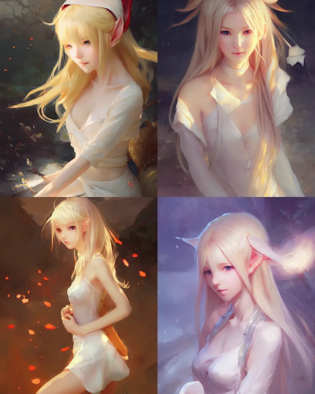 Prompt: elf girl with blonde hair and white dress, oriental face, half - length photo, soft lighting, by wenjun lin an krenz cushart, wide angle