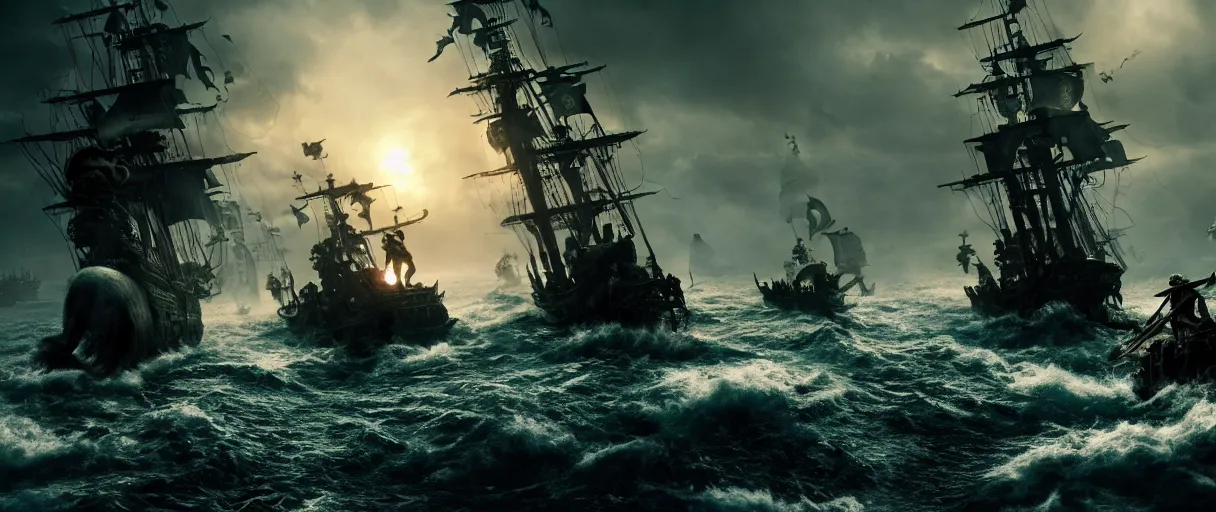 Image similar to pirates fighting kraken, cinematic atmosphere, maximized, high detail, 8k, ornate, dark fantasy, masterpiece, complex, film still from the movie directed by Denis Villeneuve