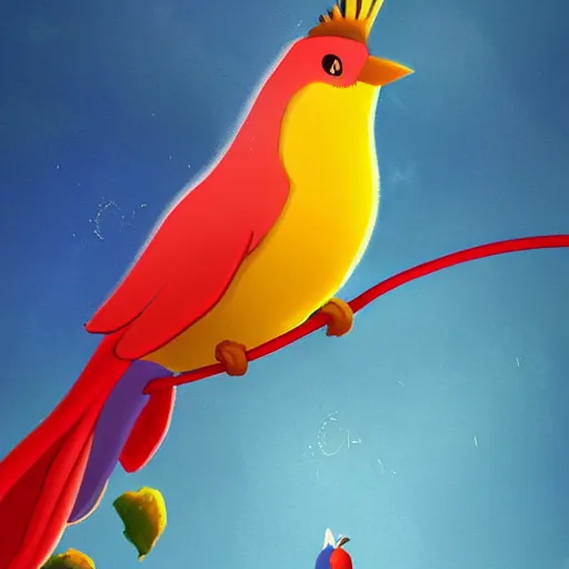 Prompt: a beautiful adorable fantasy whimsical matte digital storybook painting of a blue bird a red bird and a yellow bird on a wire, bright blue sky, Disney concept art, trending on artstation hq, contest winner