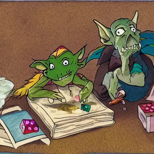 Prompt: a goblin and a kobold playing Dungeons&Dragons with colorful dice, handbooks, pencil and paper, studio Ghibli style