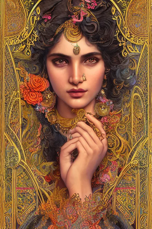Image similar to a stunning ultradetailed illustration of an indian woman with epic wavy hair surrounded by paisleys and art nouveau floral patterns, by vania zouravilov and tom bagshaw, deep depth of field, studio lighting, golden ratio composition, 3 5 mm lens, very detailed, 8 k, artstation
