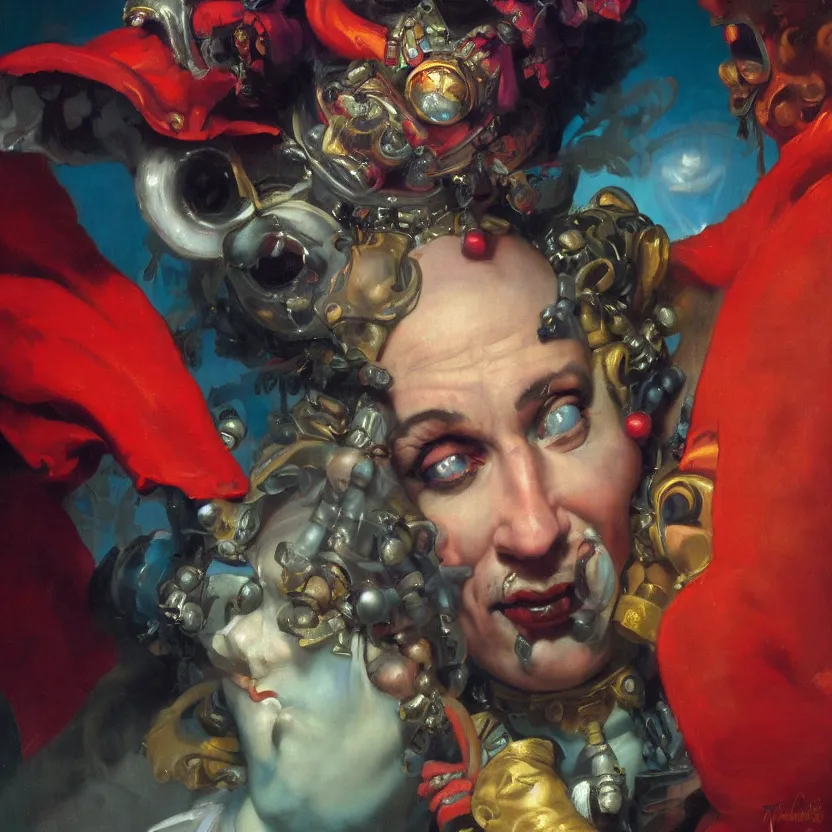 Prompt: a baroque neoclassicist close - up portrait of a colorful retrofuturistic jester, glowing circus tent and fog in the background. renaissance portrait painting. highly detailed science fiction painting by norman rockwell, frank frazetta, and syd mead. rich colors, high contrast, gloomy atmosphere, dark background. trending on artstation