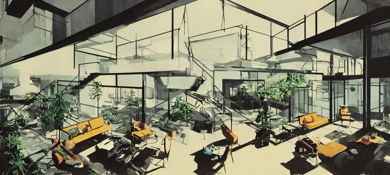 Prompt: interior of a loft, living room with split levels, mezzanine, plants and patio, 1970 furniture, bauhaus, concept art by syd mead. a dystopian computer with too many cables in a corner, giant screens