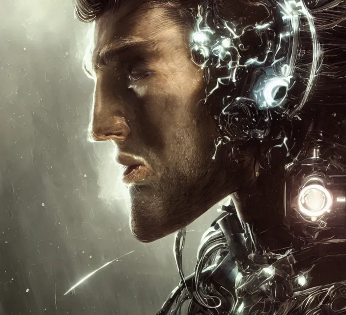 Image similar to realistic, handsome man dark hair, love, joy, complex cybernetic beings, glowing hair, vortexes, large array, ornate hair, 3 d model, fish eye, round form, cinematic light shadows, wet hdr refractions, insanely detailed rendering, artstation, 8 k, * * * * *