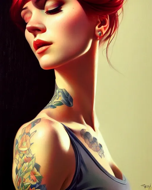 Image similar to stylized portrait of an artistic pose, composition, young tattooed suicide girl, realistic shaded, fine details, realistic shaded lighting poster by ilya kuvshinov, magali villeneuve, artgerm, jeremy lipkin and michael garmash and rob rey