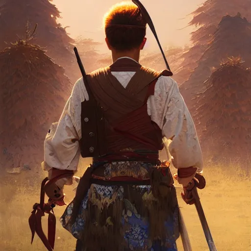 Image similar to Hyper realistic detailed portrait of Kurdish samurai, Stephen Bliss, unreal engine, fantasy art by Greg Rutkowski, Loish, Rhads, ferdinand knab, Makoto Shinkai and Lois van baarle, ilya kuvshinov, rossdraws, Tom Bagshaw, alphonse mucha, global illumination, radiant light, detailed and intricate environment, highly detailed, award winning art