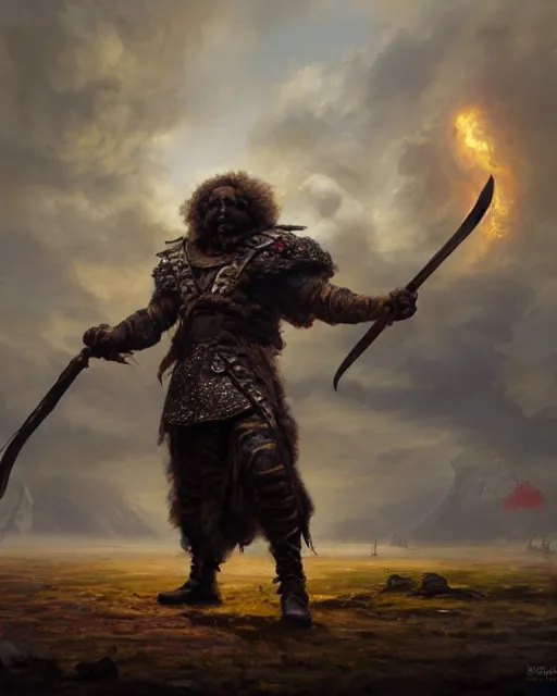 Prompt: oil painting of Anthropomorphized Angry Poodle Warrior, wearing fur cloak, sharp focus, holding Sabre, heroic pose, fantasy style, octane render, volumetric lighting, 8k high definition, by greg rutkowski, highly detailed, trending on art Station, magic the gathering artwork, Battlefield backround, centered