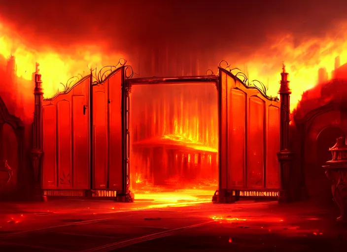 Image similar to huge gate, environment, illustration, fire, smoky, red, colors, epic scene, symmetrical, golden raito, high quality, intricate details, details, intricate, atmosphere, highly detailed, matte painting, cinematic, deviantart, realistic, concept art, 4 k