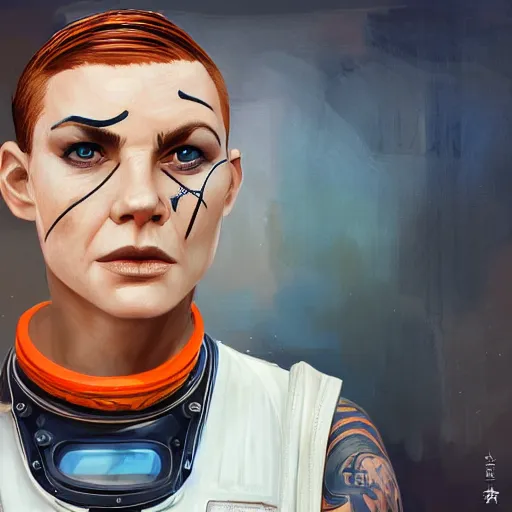 Image similar to character concept art of heroic stoic emotionless butch blond handsome woman space explorer with detailed tribal chin tattoos, dirty and injured, very short slicked - back butch hair, narrow eyes, wearing atompunk jumpsuit, orange safety vest, retrofuture, highly detailed, science fiction, illustration, oil painting, realistic, lifelike, pulp sci fi, cinematic