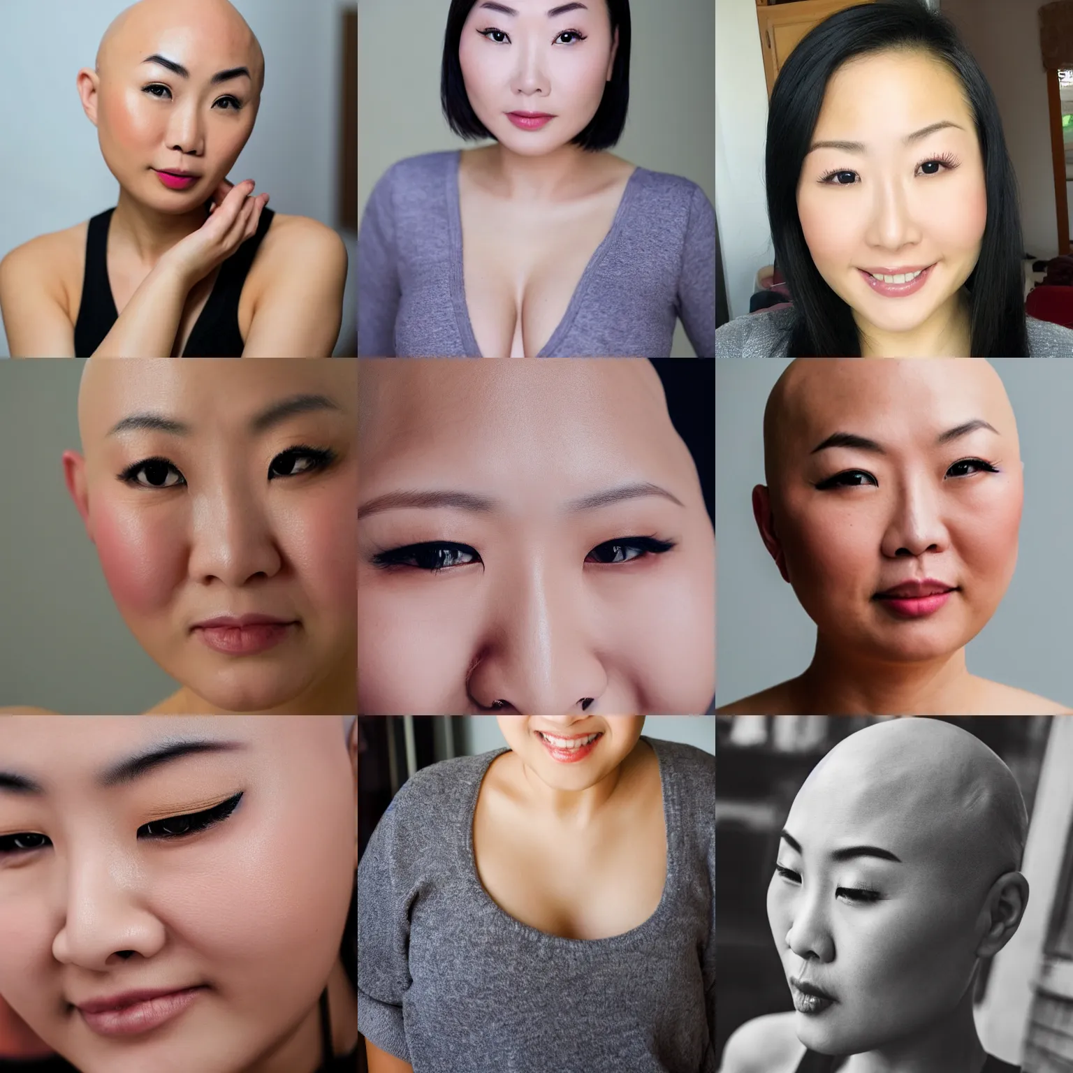 Prompt: closeup photo of a very beautiful bald asian woman