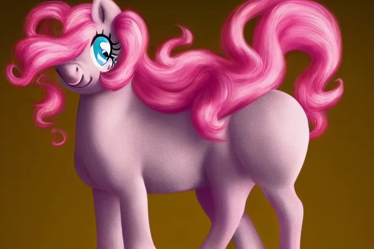 Image similar to Pinkie Pie equine, back towards camera, facing away, professional photography and mood lighting, equine photo, sitting down, flowing mane and tail, relaxed expression