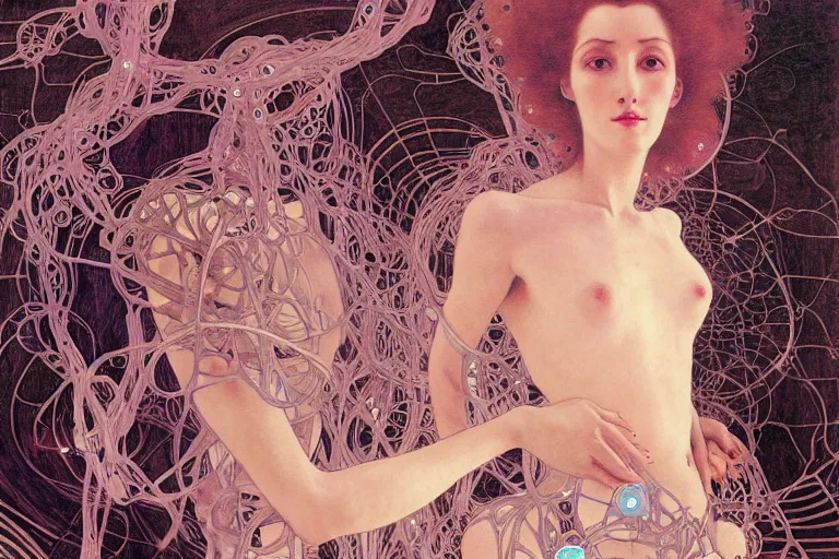 Prompt: symmetric, a dark woman android in a pastel pink dress holding neurons, in a room full of neural networks and wires and computers, dark sci - fi, ai, 4 k realistic, artem demura. alphonse mucha, gustav klimt.