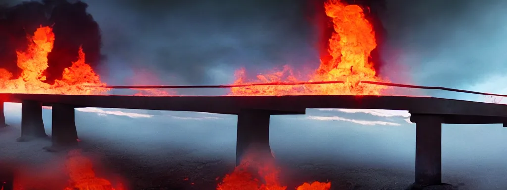 Prompt: Long bridge to hell, dslr, hyper realistic, photojournalism, scary, firey, disturbing