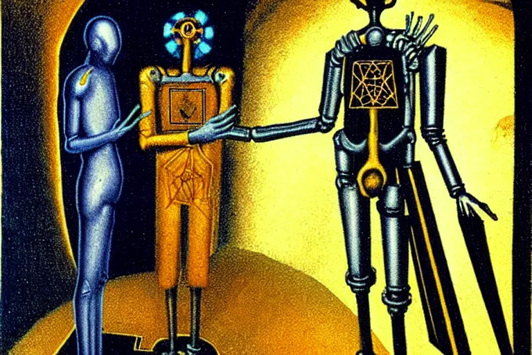 Prompt: a tarot card intricate of a cybernetic technomancer wizard consulting his AI by Remedios Varo