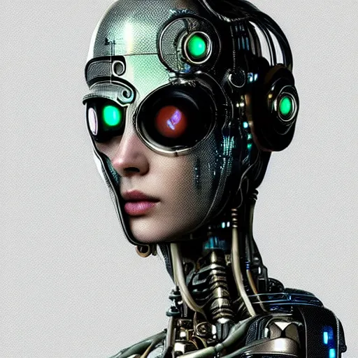 Image similar to Perfectly-Centered Portrait-Photograph of Mechanical Cyberpunk Female Android's upper torso with head and shoulders and hands, intricate, elegant, super highly detailed, professional digital painting, artstation, concept art, smooth, sharp focus, no blur, no dof, extreme illustration, Unreal Engine 5, Photorealism, HD quality, 8k resolution, cinema 4d, 3D, beautiful, cinematic, art by artgerm and greg rutkowski and alphonse mucha and loish and WLOP