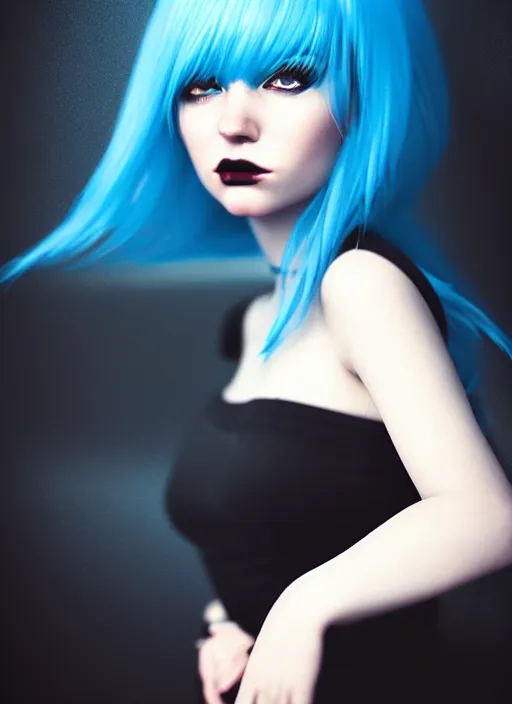 Prompt: hyper realistic photograph portrait of pretty girl with blue hair, wearing a little black dress, dramatic lighting by ilya kuvshinov