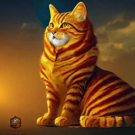 Prompt: colossal orange royal king tabby cat wearing an intricate detailed golden crown, golden hour, fantasy, vivid colors, sharp focus, digital art, hyper - realistic, 4 k, unreal engine, highly detailed, hd, dramatic lighting by brom, trending on artstation