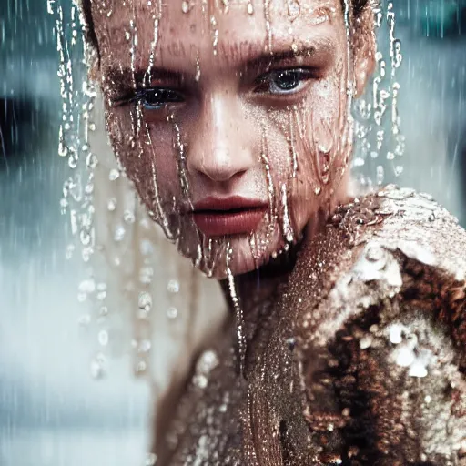 Image similar to close up of face of a wet fashion model in luxury dress, rainy, official valentino editorial, highly detailed