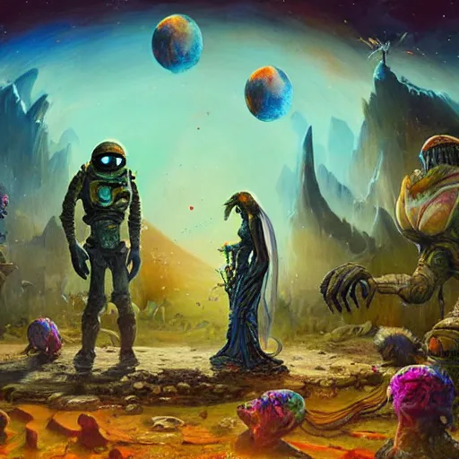 Image similar to extraterrestrial wedding in village on ancient post - apocalyptic planet, jim henson creature shop, vivid and colorful, cinematic, oil painting, highly detailed, illustration