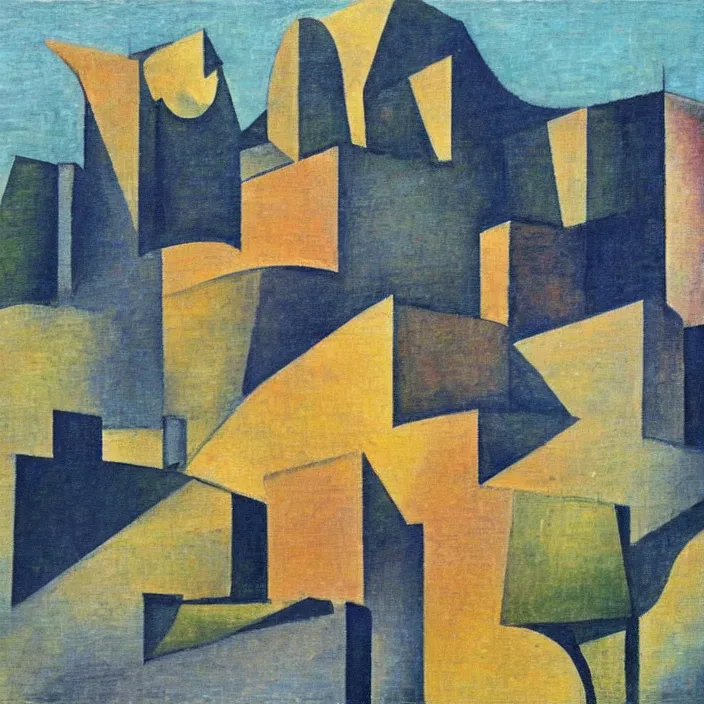 Image similar to a building in a serene landscape, cubism