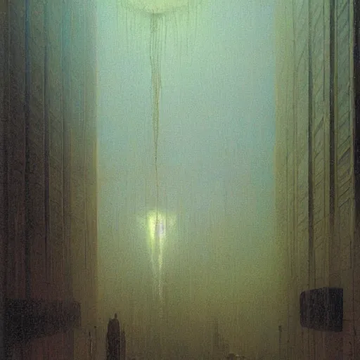 Image similar to detailed painting of a highrise pod by beksinski interior, volumetrics lights, beam of bright lights through the fog, andreas achenbach