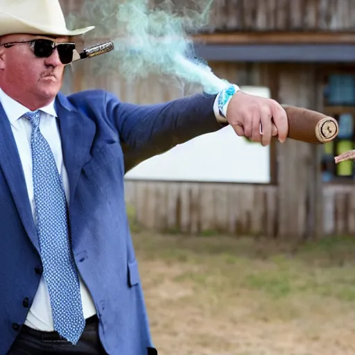 Image similar to Blue Heeler, wearing a suit and smoking a cigar, holding a shotgun and pointing it at somebody mob-style.