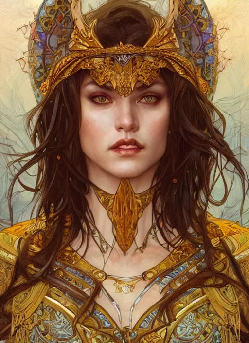 Image similar to Sanna Marin as a beautiful warrior woman, fantasy, intricate, elegant, highly detailed, centered, digital painting, artstation, concept art, smooth, sharp focus, illustration, art by artgerm and donato giancola and alphonse mucha