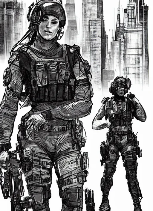 Image similar to Dinah. USN special forces operator looking at city skyline. Agent wearing Futuristic stealth suit. rb6s Concept art by James Gurney, Alphonso Mucha.