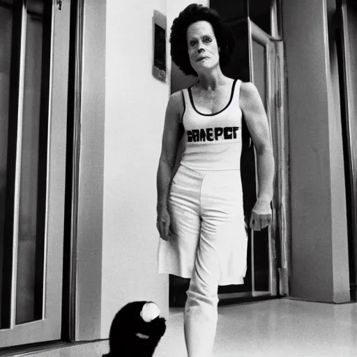 Image similar to detailed professional photographic portrait of Sigourney Weaver wearing a white singlet and her cat moving apartment New York City 1983, building entrance way Art Deco,, cinematic feel, high octane