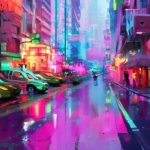 Prompt: digital art, strong emotional impact, bold pastel colors, spring day, expressive brushstrokes, puddles, an art deco streetscape lined with beautiful flowers, by liam wong and tyler edlin, trending on artstation