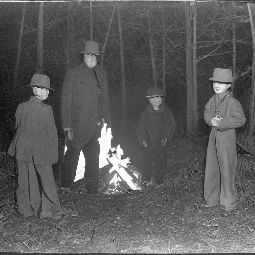 Image similar to a photo of in the dark in the forrest. 4 tall men with long pointed hats stand surrounding a small fire in a circular hole. a frightened boy is watching from the shadows.