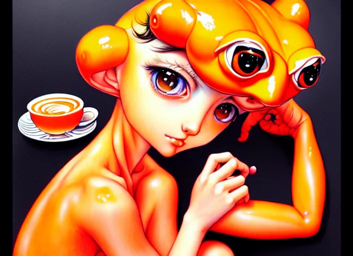 Image similar to a French girl in a café with a giant orange frog. insanely and epically detailed supreme-quality color ink pen artwork, amazingly composed image, illustrated by Range Murata and Artgerm and Stanley Law.