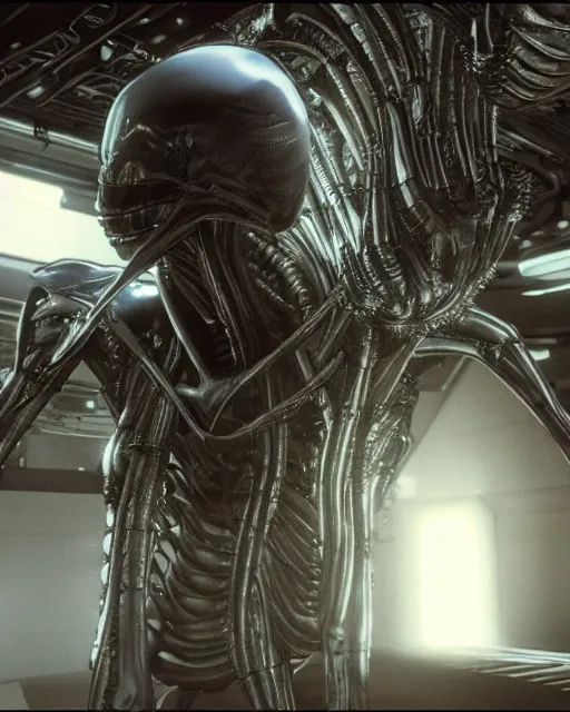 Image similar to film still of alien looking around a spaceship, slathered in a transparent alien liquid. wet flowing hair, goo, illustration, unreal engine 5, 8 k, directed by h. r. giger.