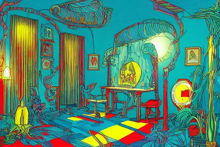 Prompt: complex intricate britney spears pineapple ROOM filled with objects, painted by Edward Gorey and Moebius and Greg Rutkowski and Paul Wenzel, straight dark outline, trending on artstation, iridescent cool blue and cyan and red and blue and yellow and green lighting front view futuresynth , outrun , vibrant colors, Sabattier filter , Watercolor