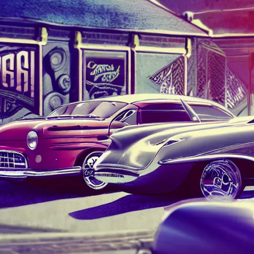 Image similar to parked retro futuristic vintage shiny polished cars and motorcycles at a bar, volumetric lighting, beautiful, day time, summer, sunny weather, sharp focus, highly detailed, cgsociety