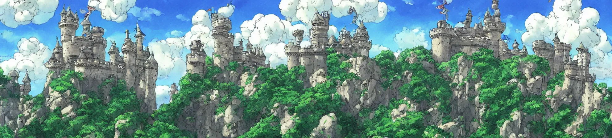 Prompt: very very very long castle with a lot of greenery on its towers, on the stone island flying in clouds. Art by Hayao Miyazaki