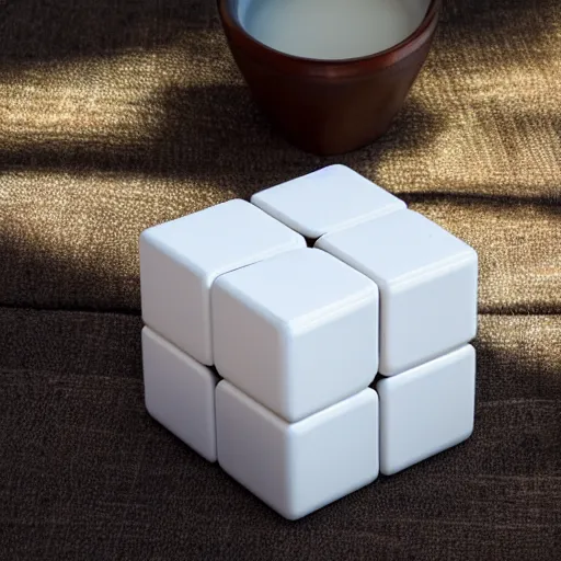 Prompt: rubics cube on white table