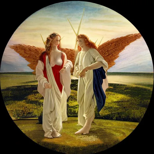 Image similar to angels in a spiral against the sky in the style of Richard Dadd painting