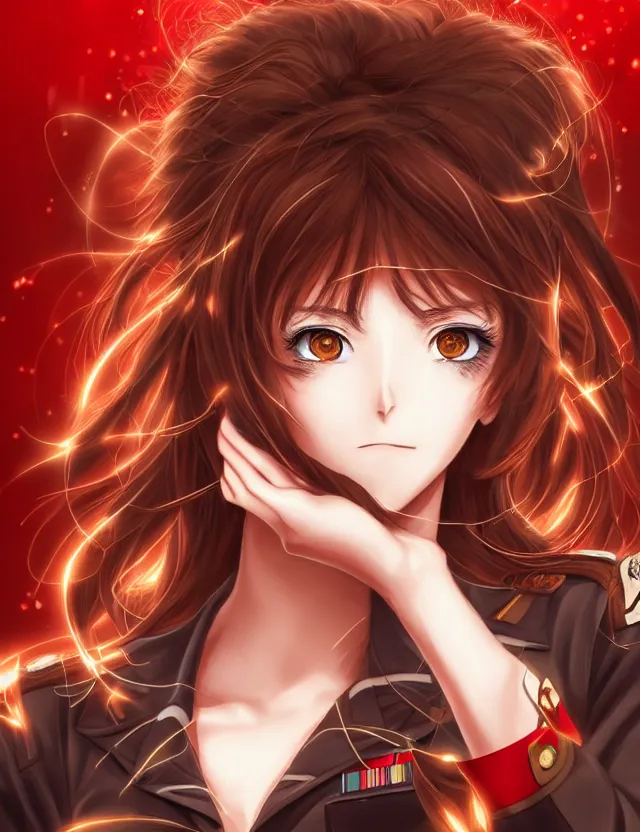 Image similar to a detailed manga portrait of a beautiful brown haired woman in a military uniform glowing with swirling red energy, trending on artstation, digital art, 4 k resolution, detailed, high quality, sharp focus, hq artwork, coherent, insane detail, character portrait