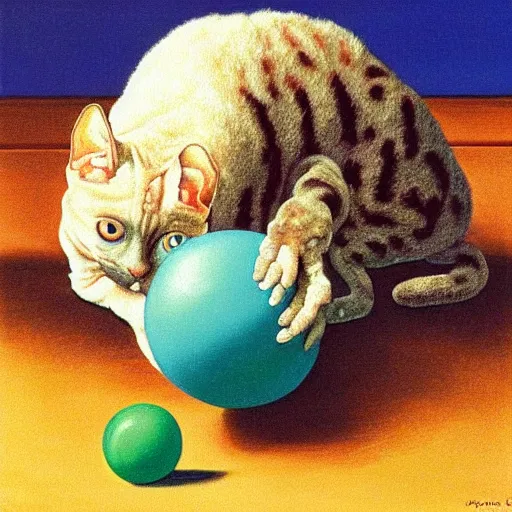 Image similar to painting of a devon rex, cornish rex cat playing with a ball of yarn, magritte